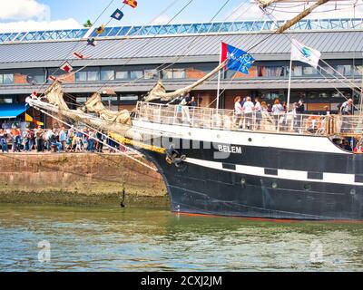 ROUEN, FRANCE - June Circa, 2020. Part of the oldest tall ship Belem on the Seine River for Armada international exhibition. Elegant three masted scho Stock Photo