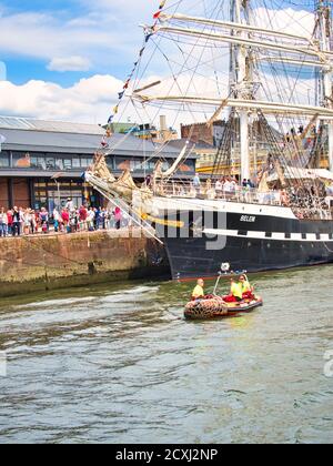 ROUEN, FRANCE - June Circa, 2020. Part of the oldest tall ship Belem on the Seine River for Armada international exhibition. Elegant three masted scho Stock Photo