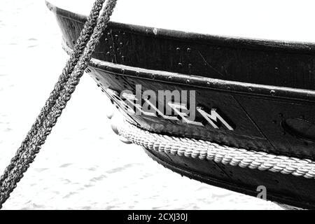 ROUEN, FRANCE - June Circa, 2020. Part of the oldest tall ship Belem on the Seine River for Armada international exhibition. Elegant three masted scho Stock Photo