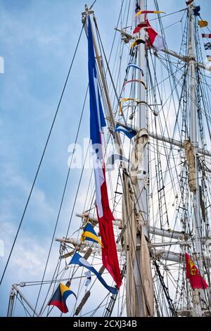 ROUEN, FRANCE - June Circa, 2020. Part of the oldest tall ship Belem on the Seine River for Armada international exhibition. Elegant three masted scho Stock Photo