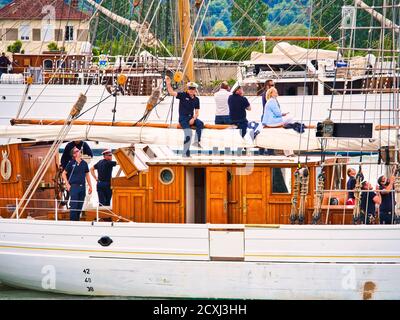 ROUEN, FRANCE - June Circa, 2020. Part of Belle poule two masts schooner on the Seine River for Armada international exhibition. Training vessel fos c Stock Photo