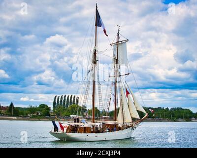 ROUEN, FRANCE - June Circa, 2020. Belle poule two masts schooner on the Seine River for Armada international exhibition. Training vessel fos cadets sa Stock Photo