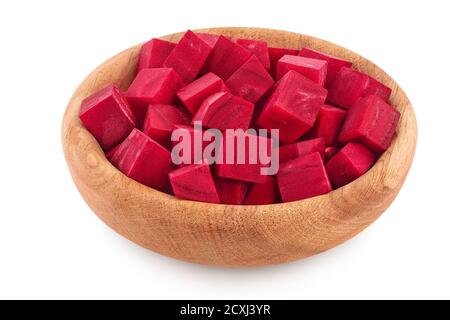 beetroot diced in wooden bowl isolated on white background with clipping path and full depth of field Stock Photo