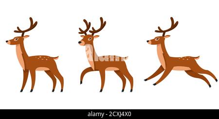 Christmas deer in different poses. Beautiful animal in cartoon style. Stock Vector