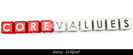 Core values word concept on cube block isolated, 3d rendering Stock Photo