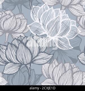 Flower line art. Vector floral background. Blue and grey art deco flower seamless pattern. Stock Vector