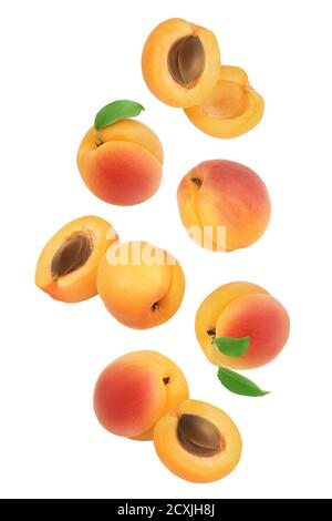 apricot fruit with half and slices isolated on white background. Clipping path. Top view. Flat lay Stock Photo