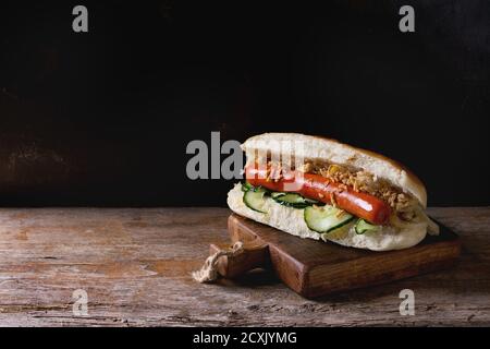 Homemade Style Hot Dog On Wooden Background Stock Photo - Alamy