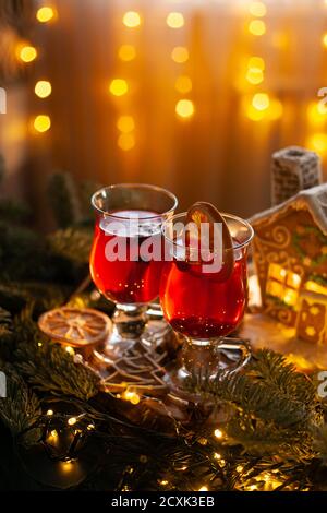 Christmas drink with spicy and berries. Christmas cozy still Life. Stock Photo