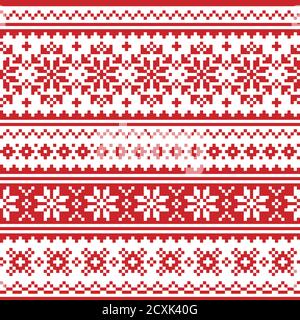 Christmas Scandinavian vector seamless pattern - red and white festive knnitting, cross-stitch design with snowflakes Stock Vector