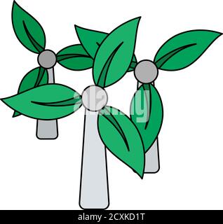 Wind Mill With Leaves In Blades Icon. Outline With Color Fill Design. Vector Illustration. Stock Vector