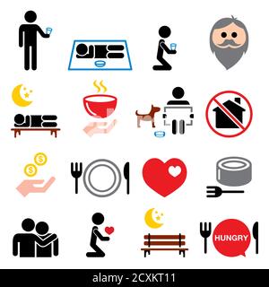 Homeless, poverty, man begging for money icons set - society, helping other people with no home concept Stock Vector