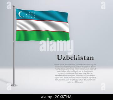 Waving flag of Uzbekistan on flagpole. Template for independence Stock Vector