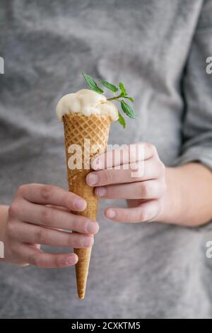 Vanilla soft elastic ice cream with mint leaves in waffle cone in boy hands. Boy in gray jacket. Day light. Summer dessert Stock Photo