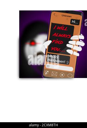 Pumpkin skull with phone and scary message. Poster for Halloween. Vector illustration Stock Vector