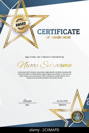 Official certificate with blue design elements. Business modern design. Gold emblem and stars Stock Vector