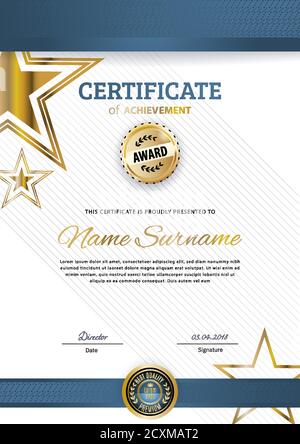 Official certificate with blue design elements. Business modern design. Gold emblem and stars Stock Vector