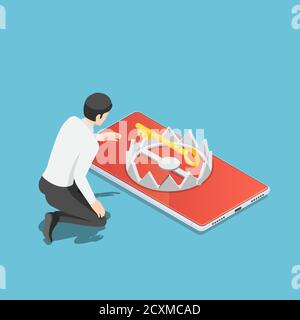 Flat 3d isometric businessman trying to get golden key from trap on smartphone. internet security and phishing attack on smartphone concept. Stock Vector