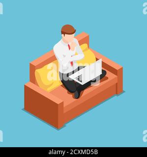 Flat 3d isometric businessman thinking while working on laptop at home. Work at home and freelance concept. Stock Vector