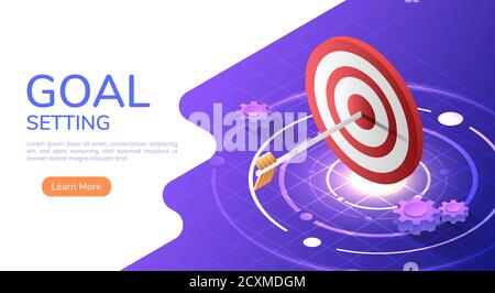 3d isometric web banner arrow hit the center of the big target. Business target and business success concept. Stock Vector