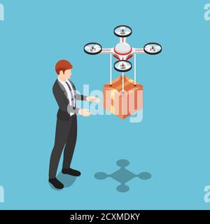 Flat 3d isometric businessman received package from drone. Drone delivery and shipment innovation concept. Stock Vector