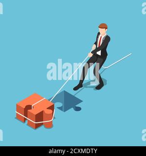 Flat 3d isometric businessman pull jigsaw block into compatible hole. Business solution concept. Stock Vector