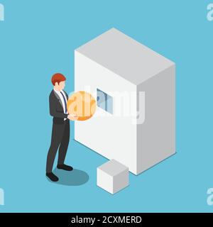 Flat 3d isometric businessman trying to put sphere shape into the square hole. Wrong decision and business management failure concept. Stock Vector