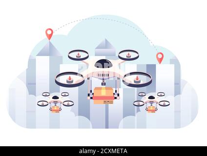 Drone Delivery The Package on City Background. Drone Delivery Business and Shipment Innovation Concept. Stock Vector