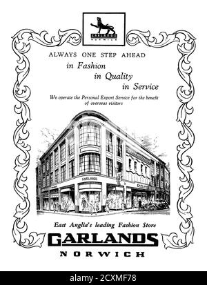 A 1951 advert Garlands department store, London Road, Norwich, Norfolk, England, UK. This appeared in a magazine marking the Festival of Britain celebrations in Norwich that year. The company started as a drapers shop in 1862, but by the mid 1920s was a large store with nearly thirty departments. A huge fire in 1971 destroyed the premises – vintage 1950s graphics. Stock Photo