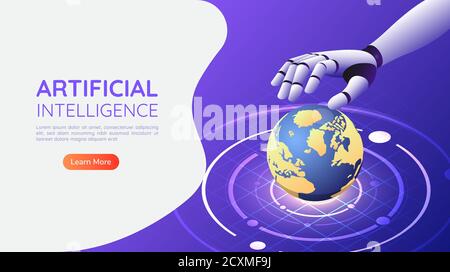 3d isometric web banner Ai robotic hand control the world. Artificial intelligence technology change The World concept. Stock Vector