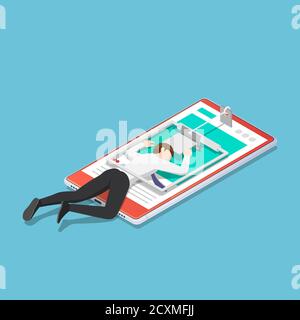 Flat 3d isometric businessman trapped in a mousetrap on smartphone. Smartphone addiction concept. Stock Vector