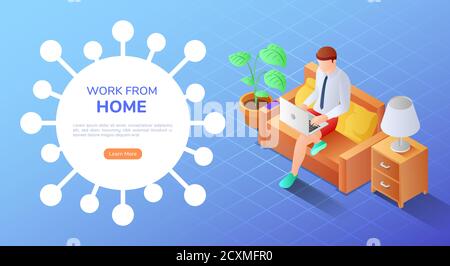 3d isometric web banner businessman with laptop work from home on the sofa. Work at home and freelance concept Stock Vector