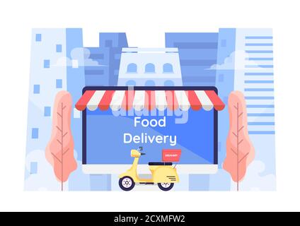 Flat 3d Isometric Online Food Ordering System on Computer Monitor Screen with Motocycle on City Background. Online Food Ordering and Delivery Service Stock Vector