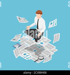 Flat 3d isometric businessman doing meditation and floating over paperwork. Relax and meditation concept. Stock Vector