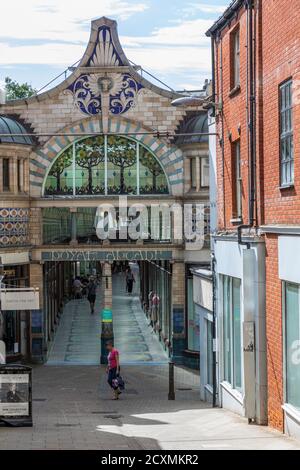 A view of the Royal Arcade entrance from Arcade Street in the City centre of Norwich, Norfolk, England Stock Photo