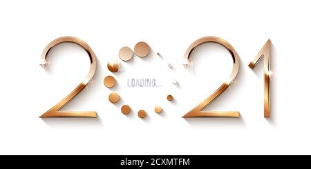 Happy 2021 new year loading concept. Gold icon of number showing progress with dots. Holiday decoration or invitation card vector illustration. Shiny Stock Vector