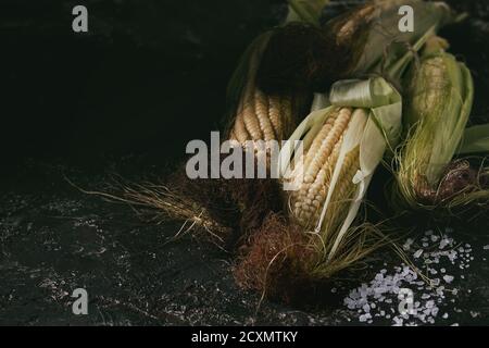 Young raw uncooked corn cobs in leaves and sea salt. Close up over dark brown concrete texture background. Stock Photo