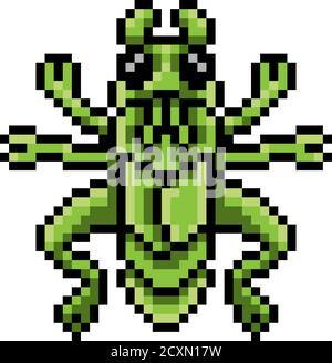 Grasshopper Bug Insect Pixel Art Game Cartoon Icon Stock Vector