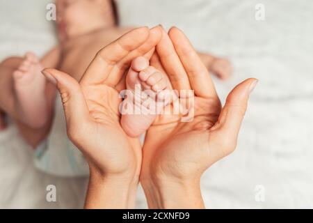 A mother holds the baby's foot in her palms. Hands close-up. Concept of motherhood and children's day. Stock Photo