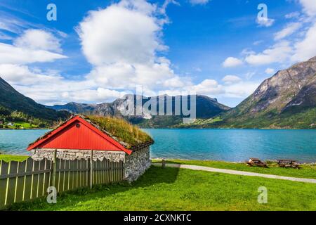 Village of Oppstryn and lake Oppstrynsvatn in Stryn.Vestland county, Norway. Stock Photo