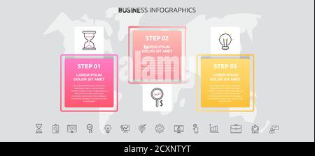 Infographics squares with three steps, icons. Vector template used for diagram, business, banner, workflow layout, presentations, flowchart, info grap Stock Vector