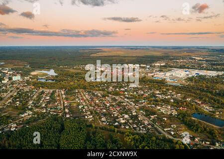 Dobrush, Gomel Region, Belarus. Aerial View Of Old And Modern Paper Factory. Historical Heritage In Bird's-eye View Stock Photo