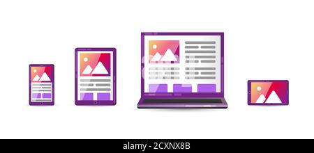 Bright Flat illustration design website. concept cross platform. Vector icons electronic devices. smartphone, tablet, laptop and desktop computer. Stock Vector