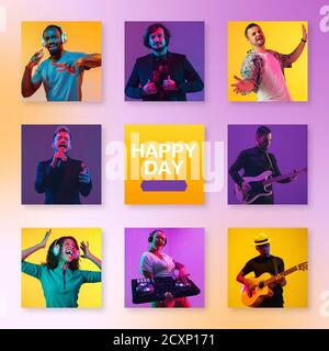 Bright portrait of people on multicolored background. Collage made of 8 models. Concept of human emotions, facial expression, advertising. Happy, smiling, cheerful, successful. Diversity. Happy day Stock Photo