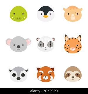 Cute funny animal heads. Wild cartoon animal characters for baby print design, kids wear, baby shower celebration, greeting and invitation card, wall Stock Vector