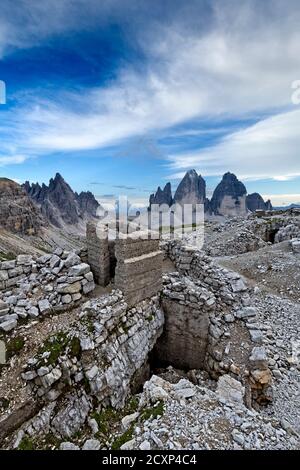 The 'Kuppe Est' stronghold of the Great War. In the background the Tre Cime di Lavaredo. Sesto Dolomites, Bolzano province, Italy. Stock Photo