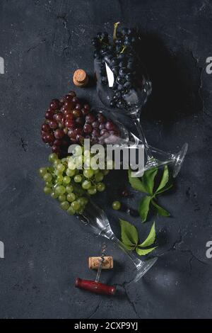 Variety of three type fresh ripe grapes dark blue, red and green in different laying wine glasses with old corkscrew and green leaves over black textu Stock Photo