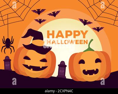 happy halloween celebration card with pumpkins and bats in cemetery scene vector illustration design Stock Vector