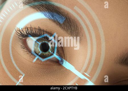 Close up. Future woman with cyber technology eye panel, cyberspace interface, ophthalmology concept. Beautiful female eye with modern identification, medical treatment for focus. Visual effects. Stock Photo