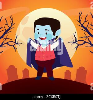cute little boy dressed as a dracula character in cemetery vector illustration design Stock Vector